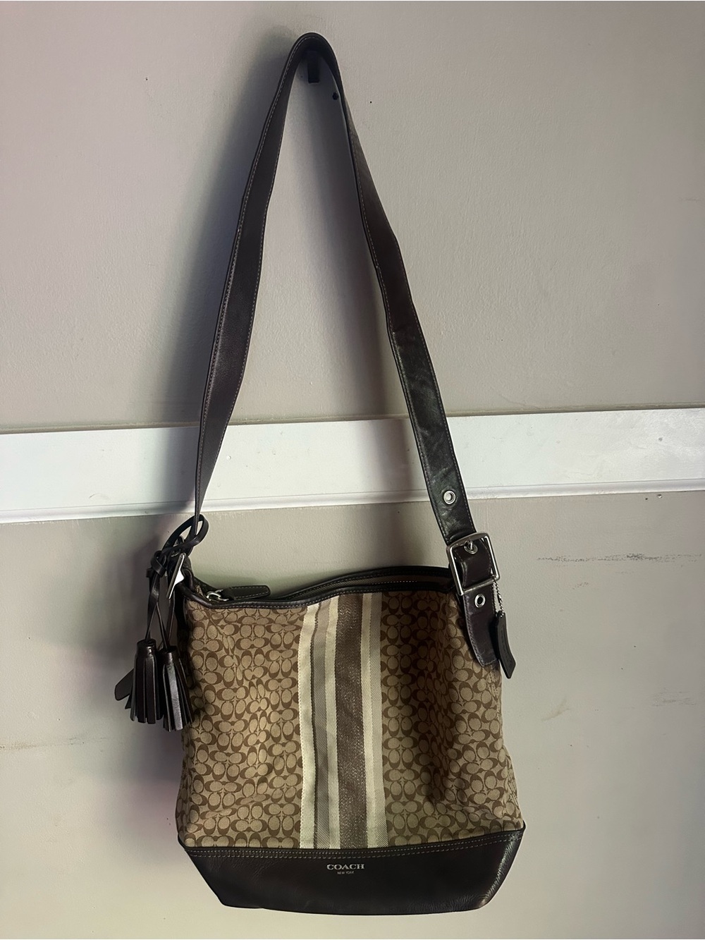 Coach Tan Signature Stripe Hobo Shoulder Bag
